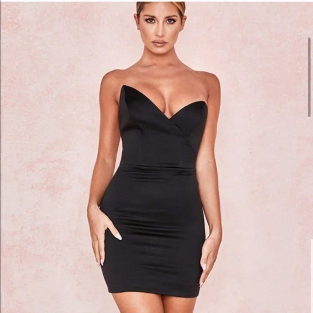House of CB Asymmetrical black satin mini dress